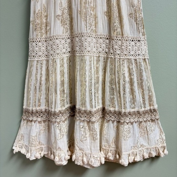 ME 2 Magic Maxi Dress Size L Fairy Boho Crochet Gold Cottage Festival Tiered - Picture 4 of 14